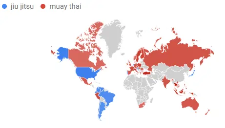 Jiu Jitsu vs Muay Thai popularity map